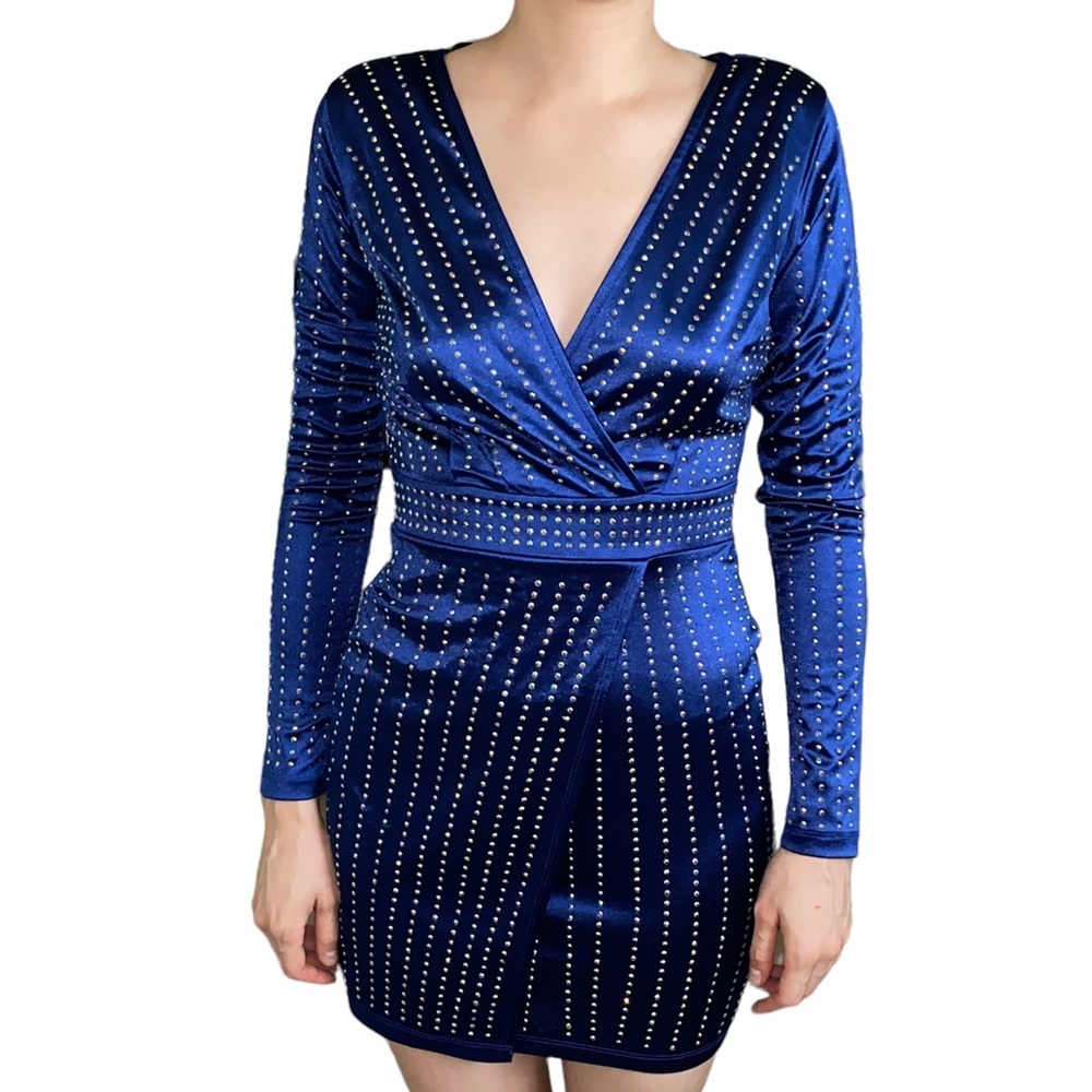 WINDSOR BLUE COCKTAIL WRAP RHINESTONE DRESS SIZE XS - Picture 5 of 7